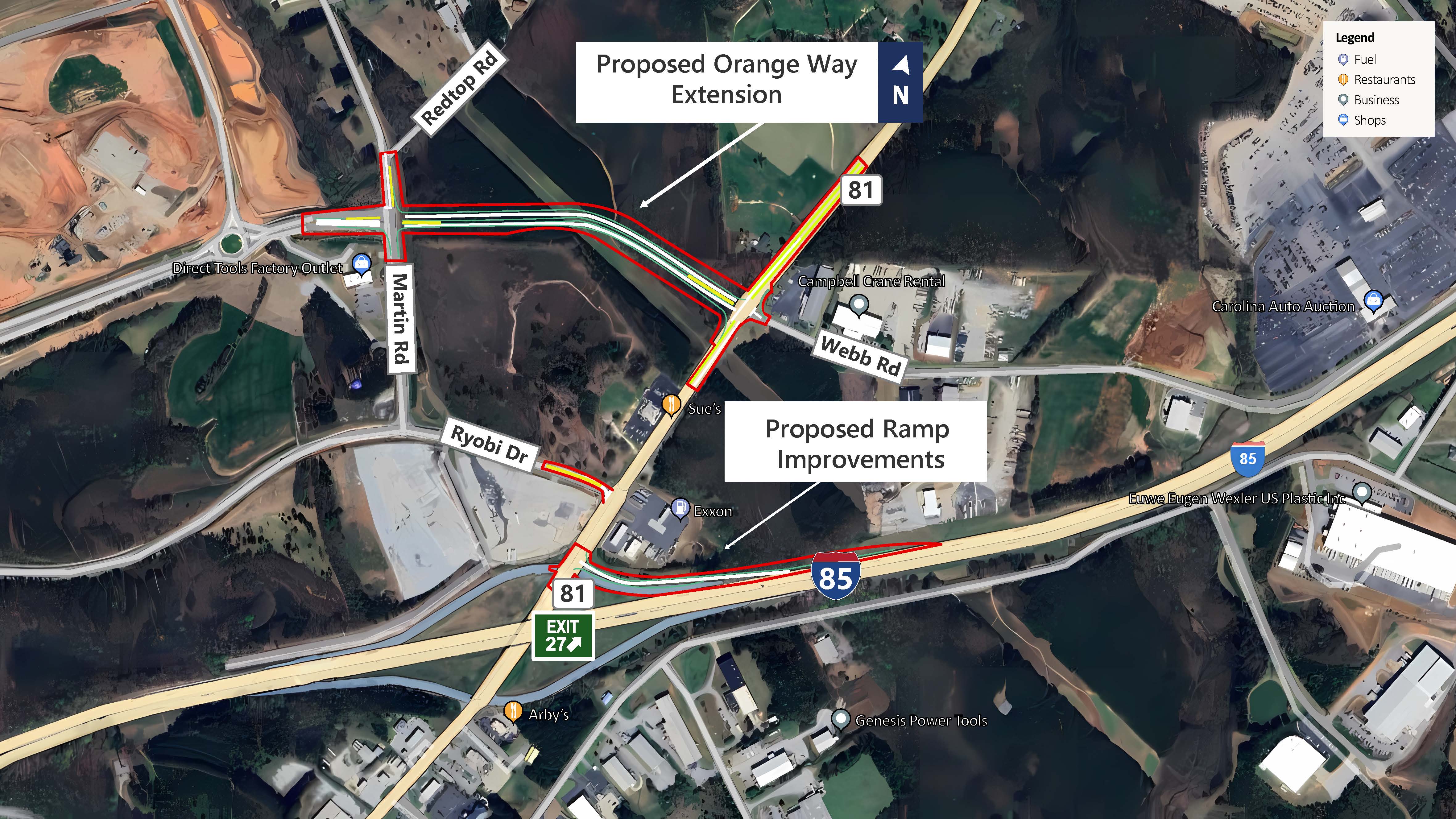 Map showing improvement locations along Webb Road west of route 81 ro Martin Road, Ryobi Drive just west of route 81, and the offramp at exit 27 on I-85